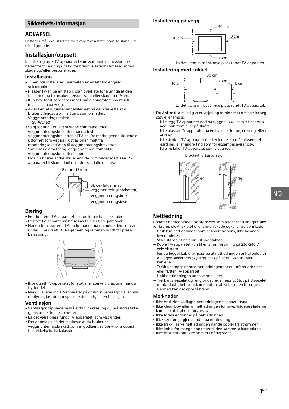 Sikkerhets-informasjon, Sikkerhets-informasjon" (side 3), No 3 | Advarsel, Installasjon/oppsett | Sony KDL-55W829B User Manual | Page 121 / 256
