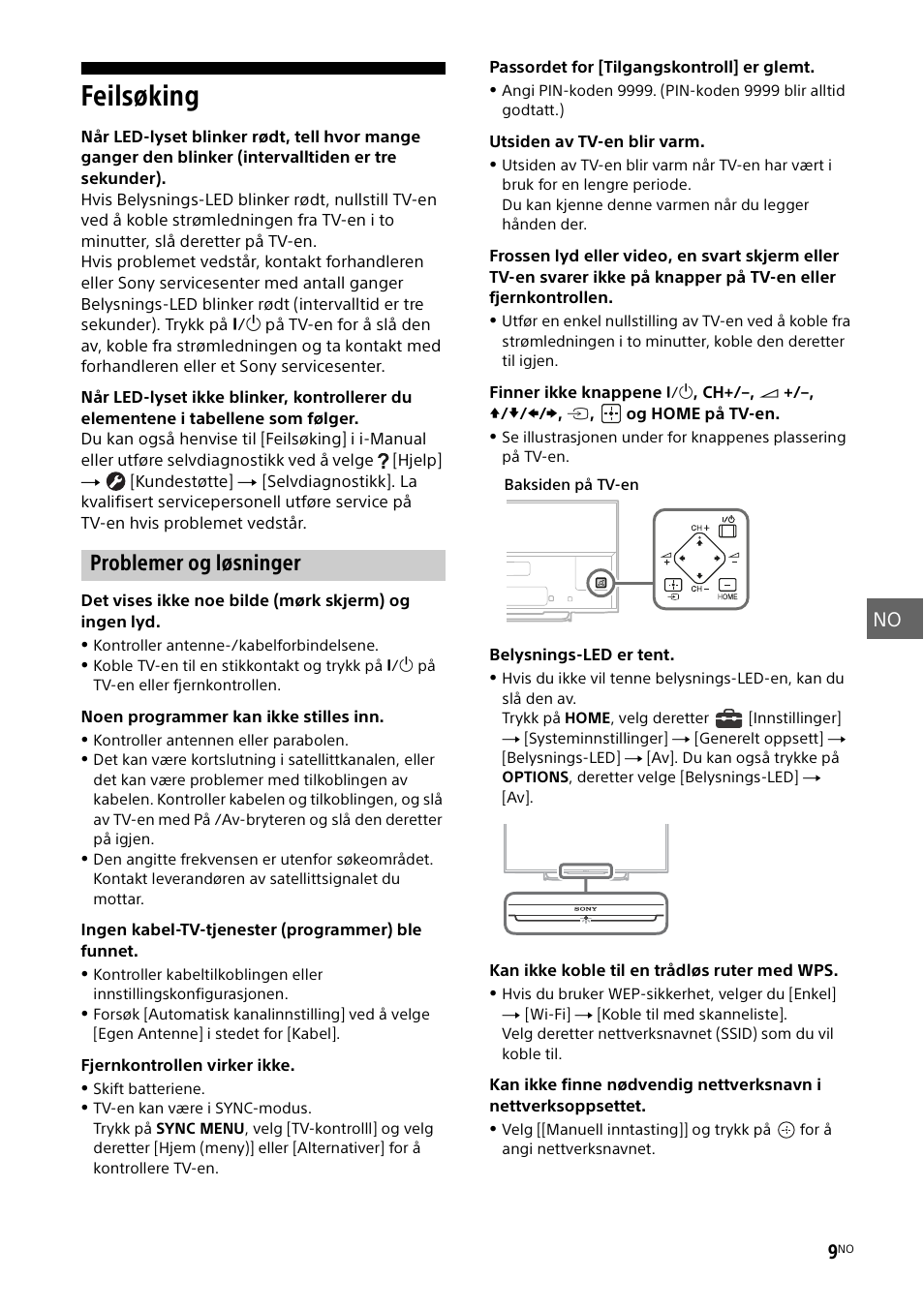 Feilsøking, Problemer og løsninger, No 9 | Sony KDL-55W829B User Manual | Page 127 / 256