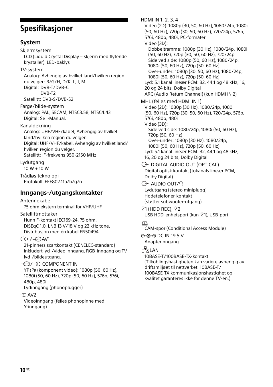 Spesifikasjoner, System, Inngangs-/utgangskontakter | Sony KDL-55W829B User Manual | Page 128 / 256