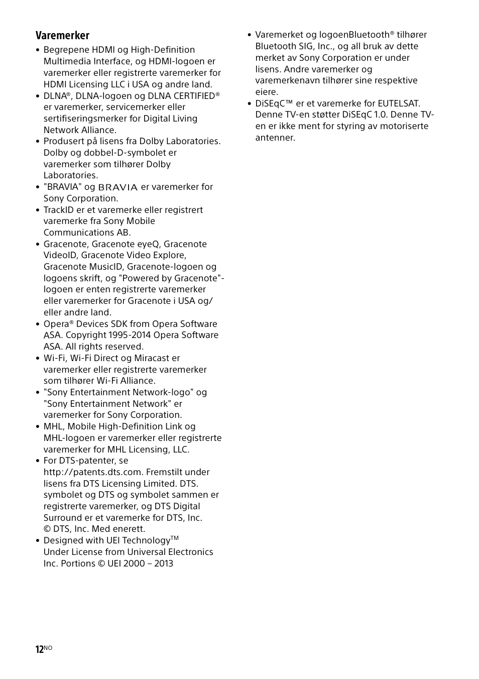 Varemerker | Sony KDL-55W829B User Manual | Page 130 / 256