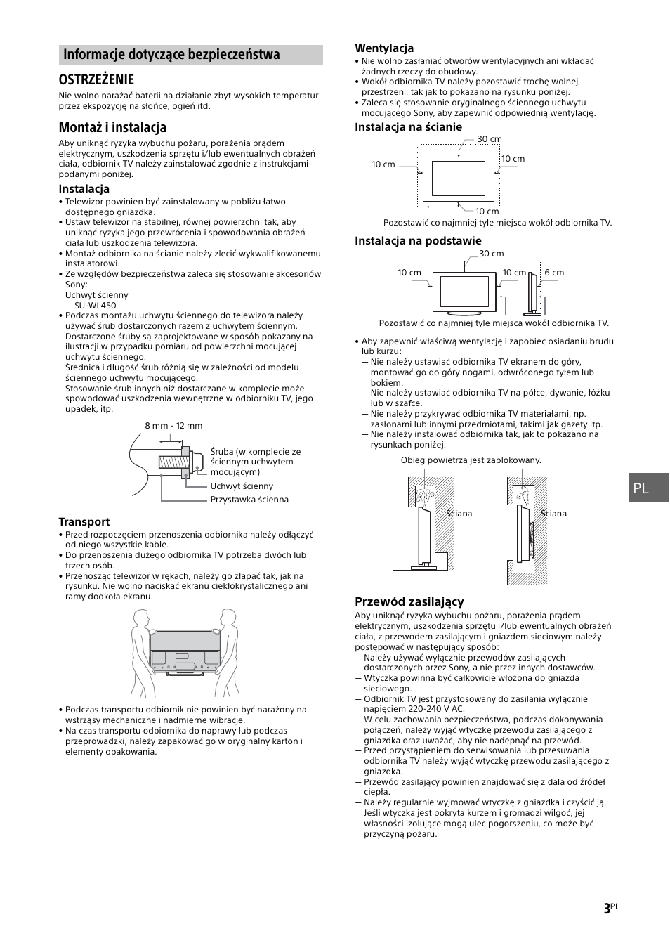 Informacje dotyczące bezpieczeństwa, Informacje, Dotyczące bezpieczeństwa | Montaż i instalacja | Sony KDL-55W829B User Manual | Page 133 / 256