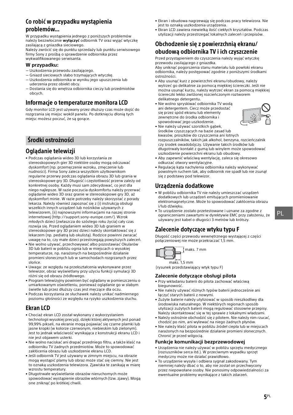 Środki ostrożności, Informacje o temperaturze monitora lcd, Oglądanie telewizji | Ekran lcd, Urządzenia dodatkowe, Zalecenie dotyczące wtyku typu f | Sony KDL-55W829B User Manual | Page 135 / 256