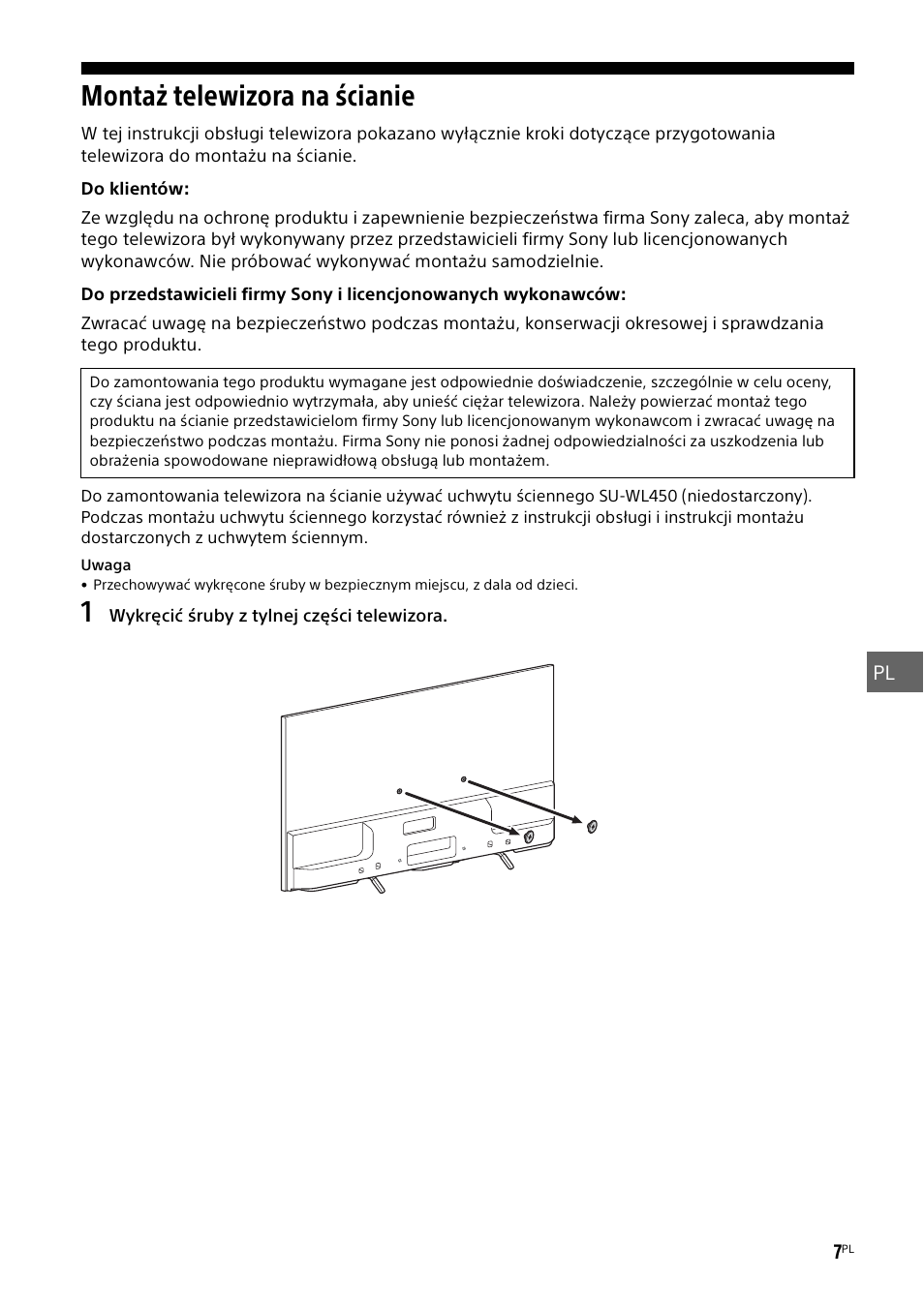 Montaż telewizora na ścianie | Sony KDL-55W829B User Manual | Page 137 / 256