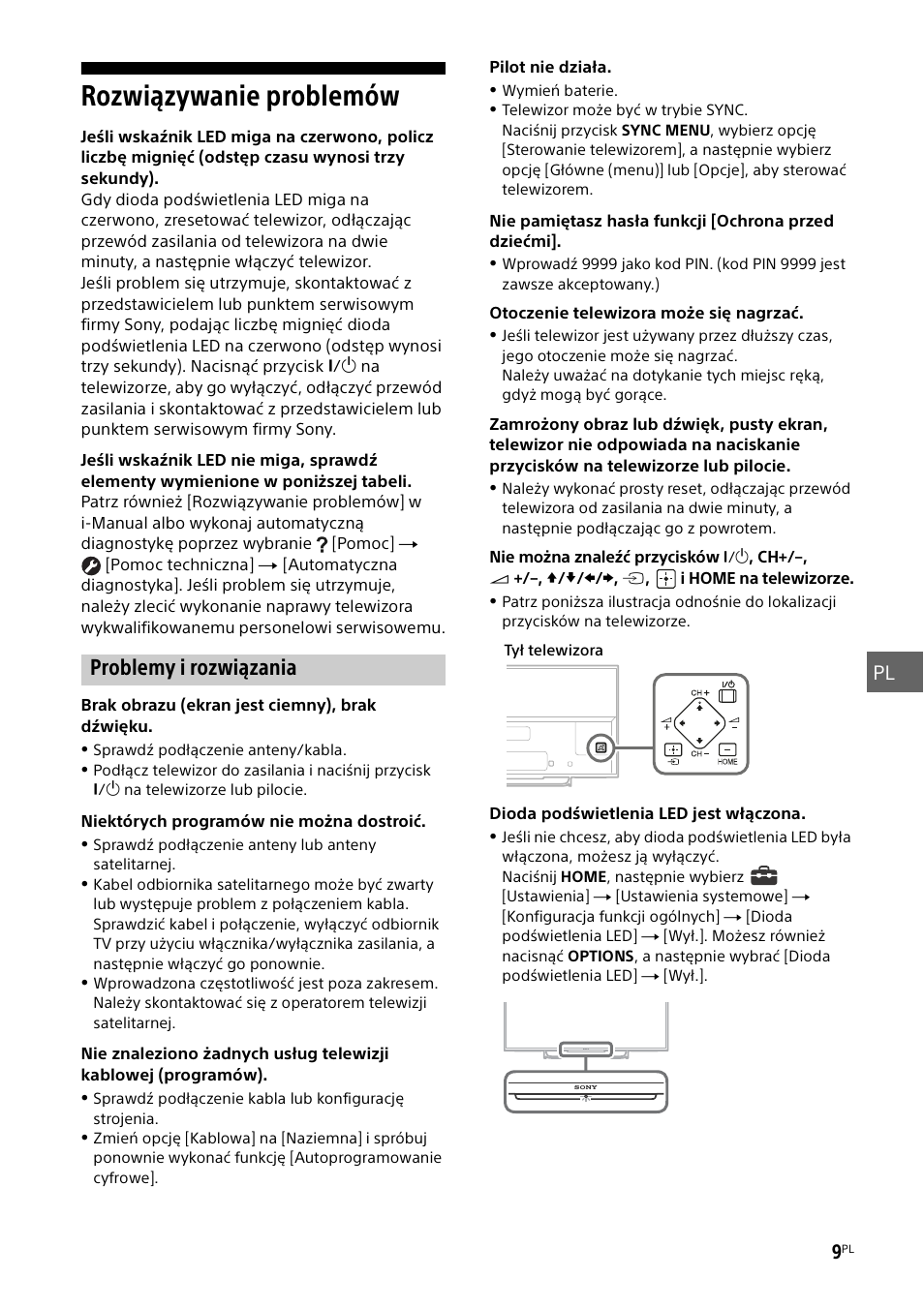Rozwiązywanie problemów, Problemy i rozwiązania | Sony KDL-55W829B User Manual | Page 139 / 256