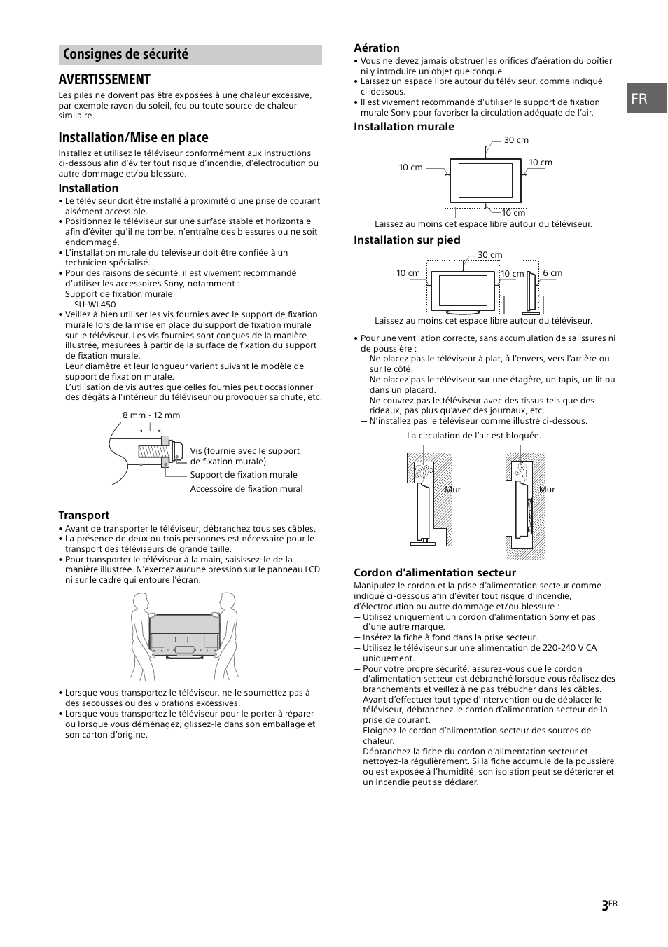 Consignes de sécurité, Installation/mise en place | Sony KDL-55W829B User Manual | Page 15 / 256