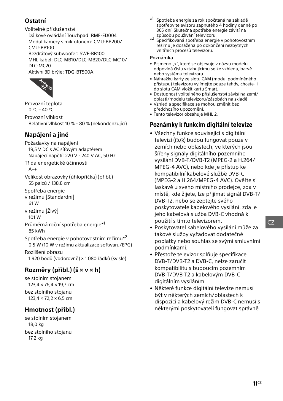 Poznámky k funkcím digitální televize | Sony KDL-55W829B User Manual | Page 153 / 256
