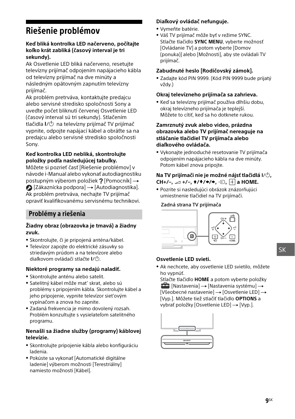 Riešenie problémov, Problémy a riešenia, Sk 9 | Sony KDL-55W829B User Manual | Page 163 / 256
