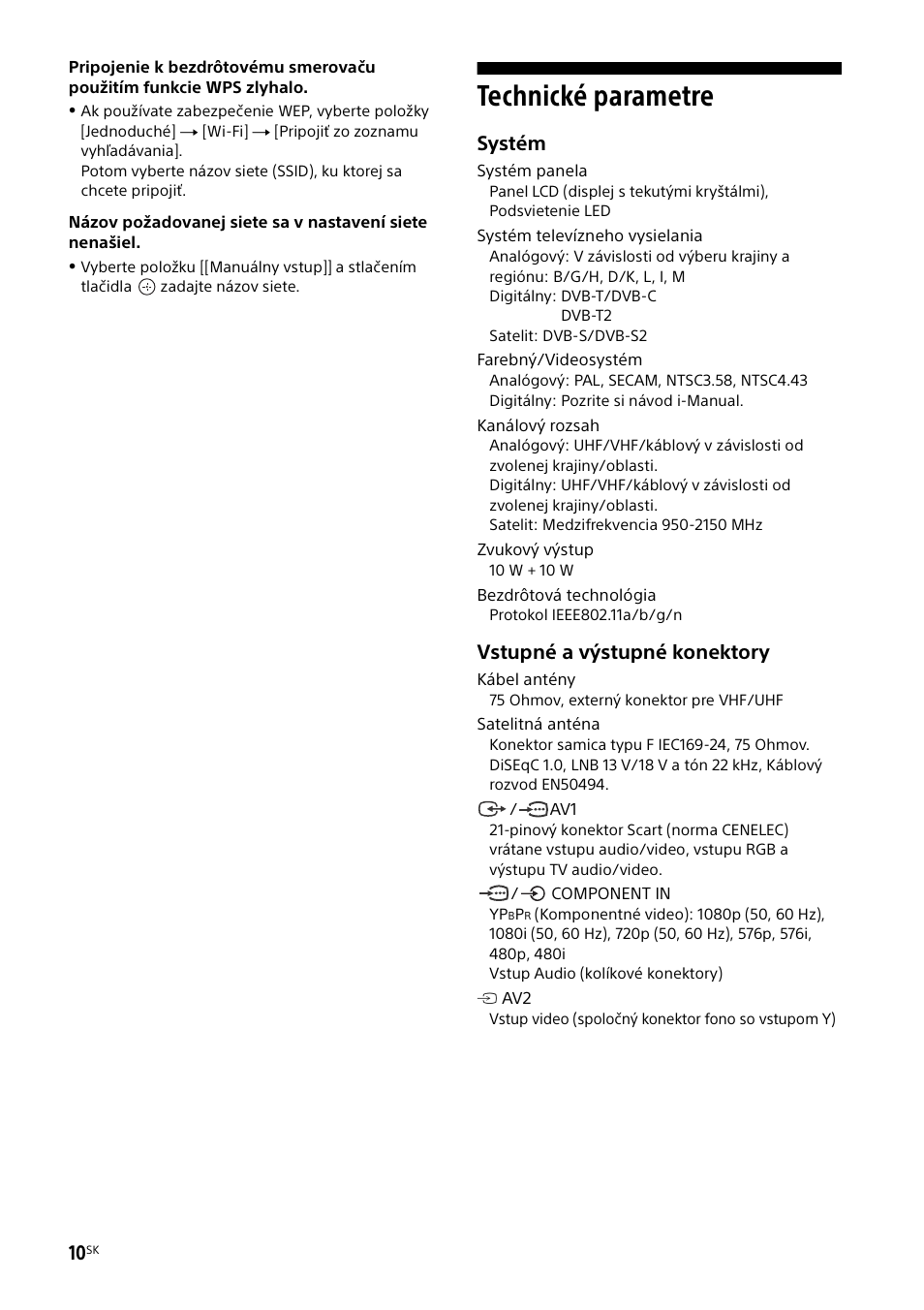 Technické parametre, Systém, Vstupné a výstupné konektory | Sony KDL-55W829B User Manual | Page 164 / 256
