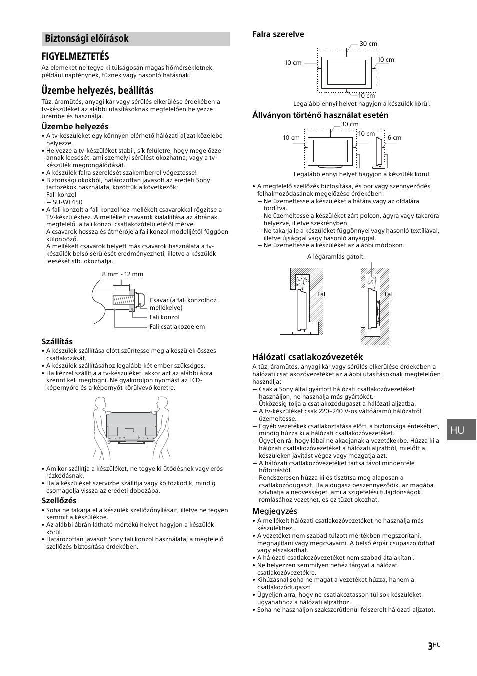 Biztonsági előírások, Biztonsági, Előírások” cí | T (3. oldal), Hu 3, Figyelmeztetés, Üzembe helyezés, beállítás | Sony KDL-55W829B User Manual | Page 169 / 256