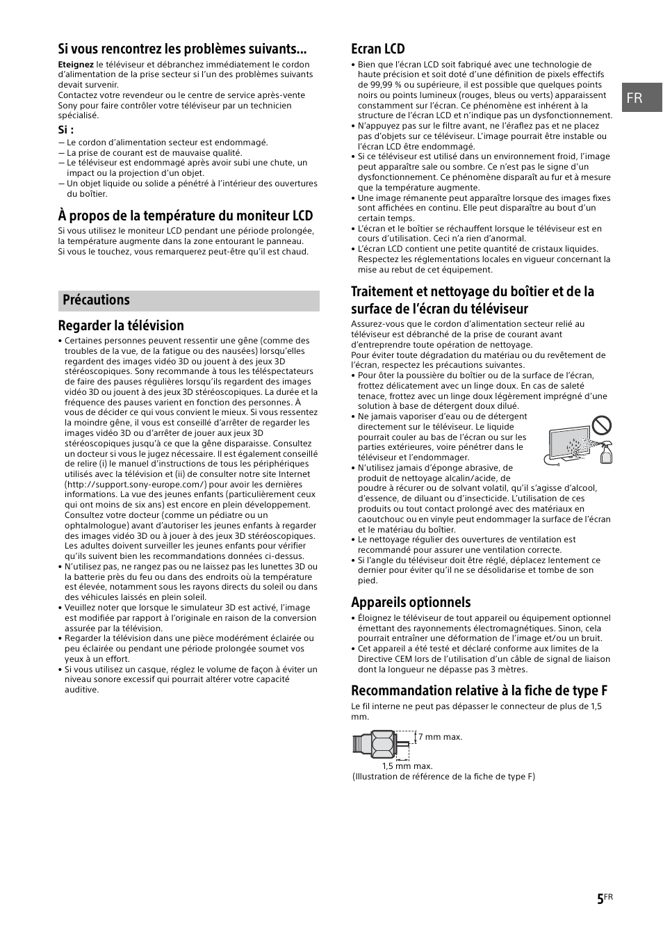 Précautions, À propos de la température du moniteur lcd, Regarder la télévision | Ecran lcd, Appareils optionnels, Recommandation relative à la fiche de type f | Sony KDL-55W829B User Manual | Page 17 / 256