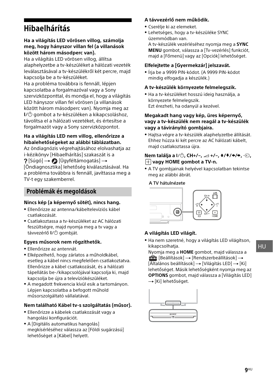 Hibaelhárítás, Problémák és megoldások, Hu 9 | Sony KDL-55W829B User Manual | Page 175 / 256