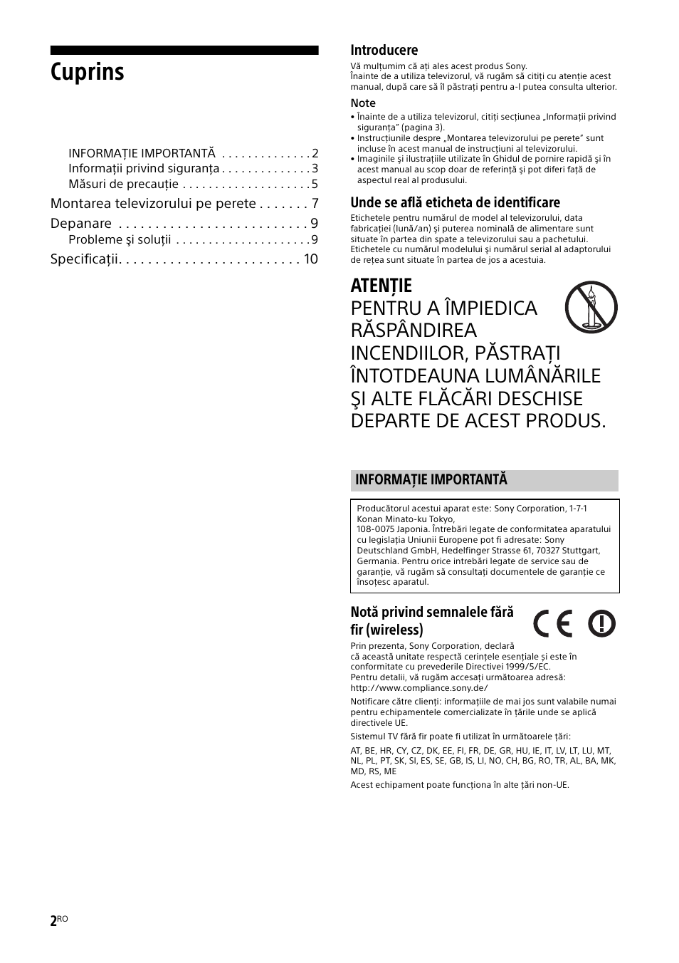 Informaţie importantă, Cuprins, Introducere | Unde se află eticheta de identificare, Notă privind semnalele fără fir (wireless), Montarea televizorului pe perete depanare, Specificaţii | Sony KDL-55W829B User Manual | Page 180 / 256
