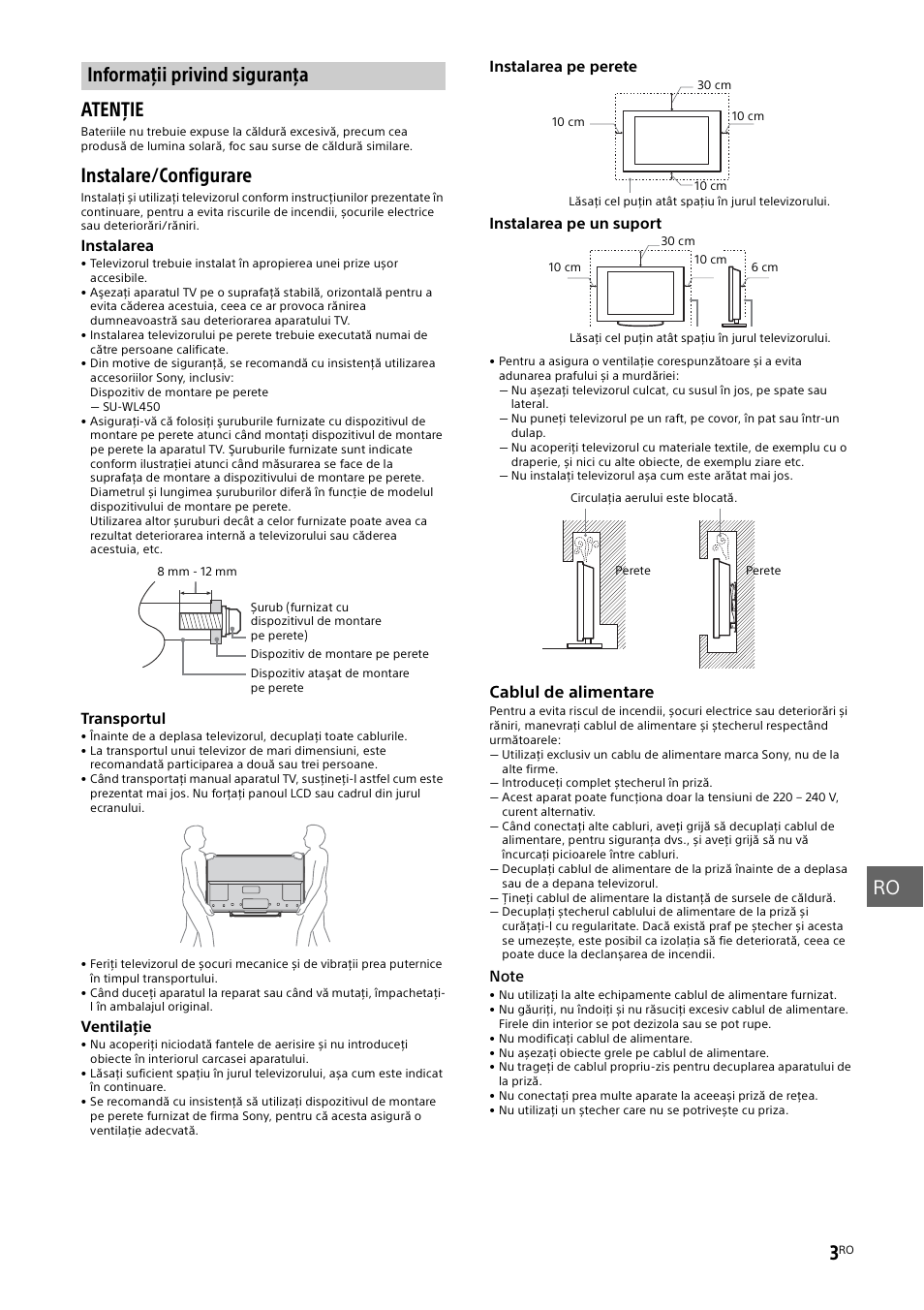 Informaţii privind siguranţa, Informaţii privind, Ro 3 | Atenţie, Instalare/configurare | Sony KDL-55W829B User Manual | Page 181 / 256