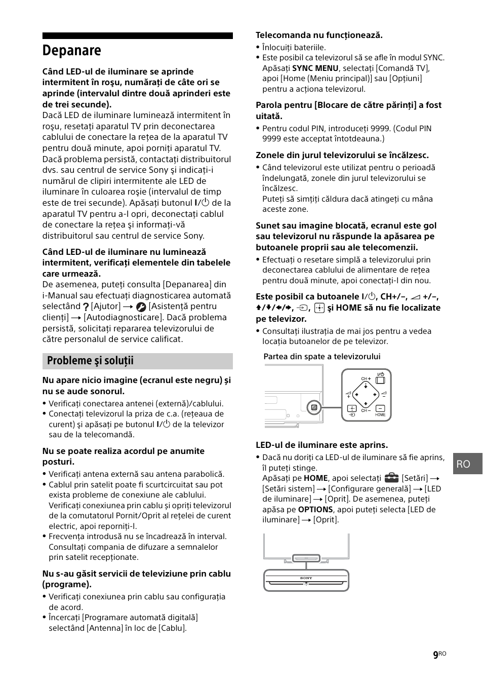 Depanare, Probleme şi soluţii, Ro 9 | Sony KDL-55W829B User Manual | Page 187 / 256