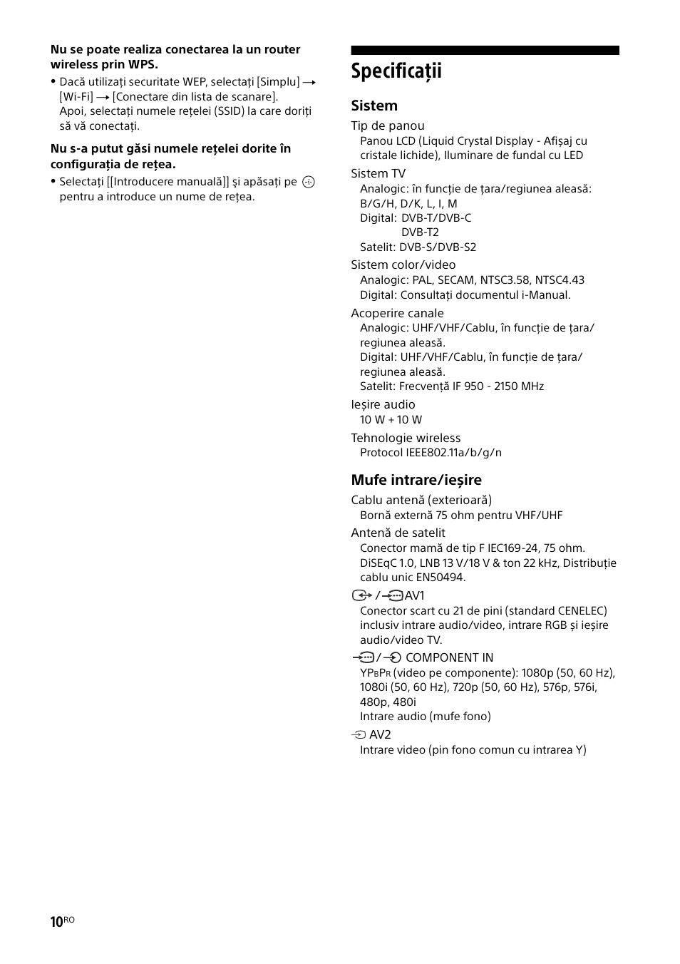 Specificaţii, Sistem, Mufe intrare/ieșire | Sony KDL-55W829B User Manual | Page 188 / 256