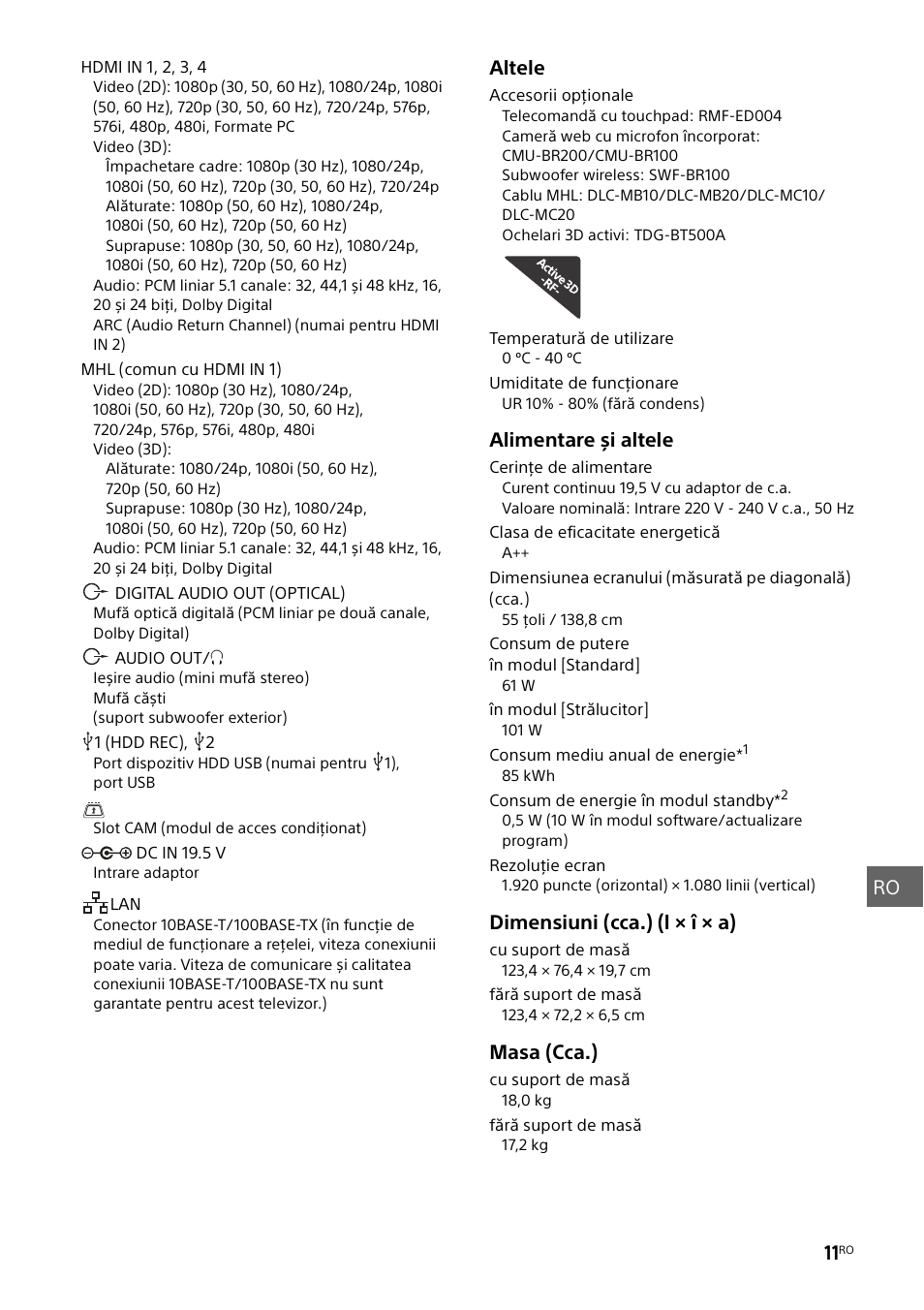 Ro 11, Altele, Alimentare și altele | Masa (cca.) | Sony KDL-55W829B User Manual | Page 189 / 256