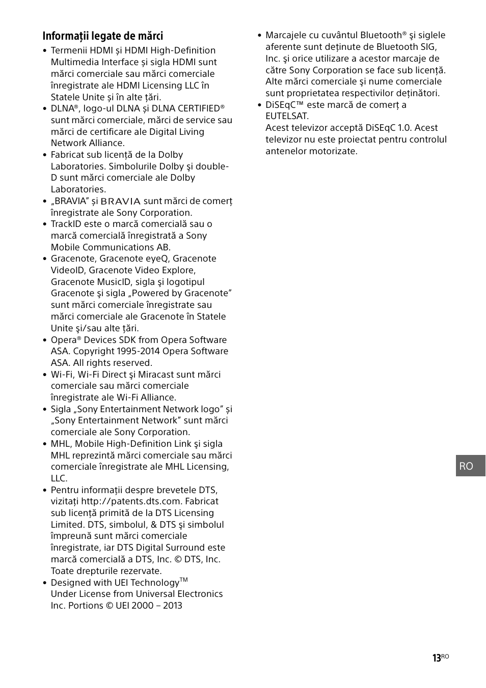 Informaţii legate de mărci | Sony KDL-55W829B User Manual | Page 191 / 256