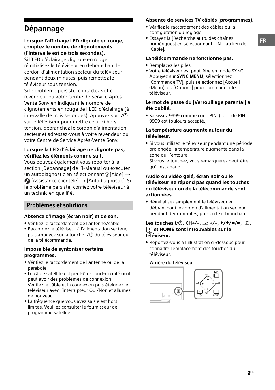 Dépannage, Problèmes et solutions | Sony KDL-55W829B User Manual | Page 21 / 256