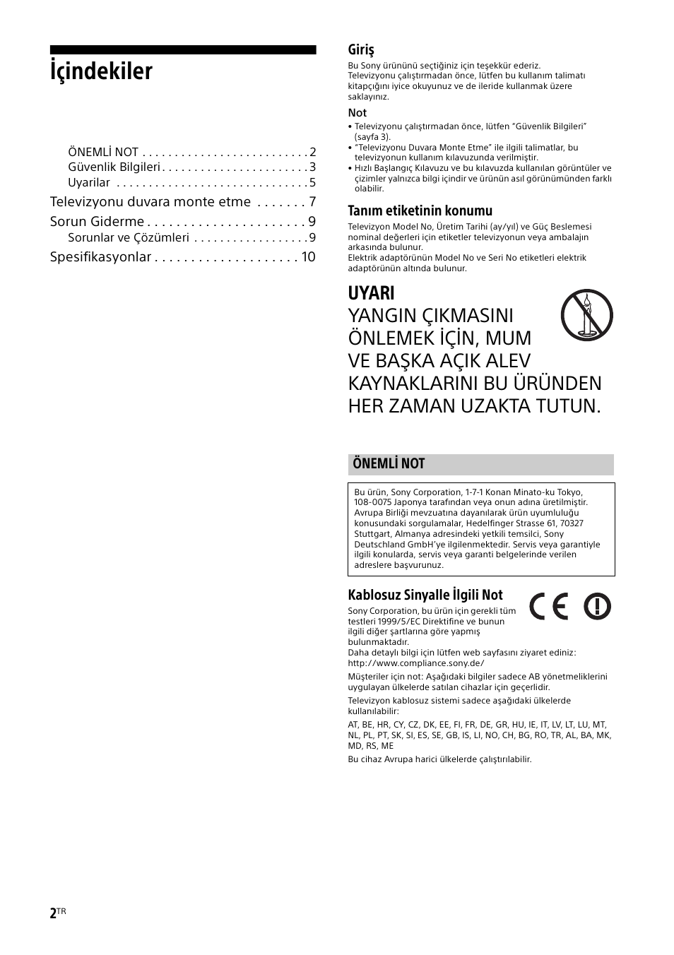 Önemli not, Içindekiler, Giriş | Tanım etiketinin konumu, Kablosuz sinyalle ilgili not, Televizyonu duvara monte etme sorun giderme, Spesifikasyonlar | Sony KDL-55W829B User Manual | Page 218 / 256