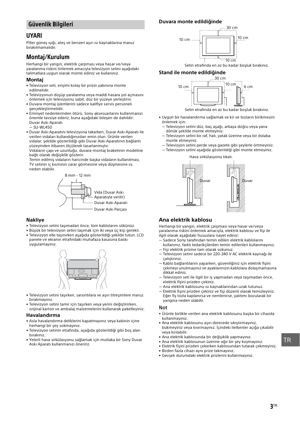 Güvenlik bilgileri, Sayfa 3), Uyari | Montaj/kurulum | Sony KDL-55W829B User Manual | Page 219 / 256