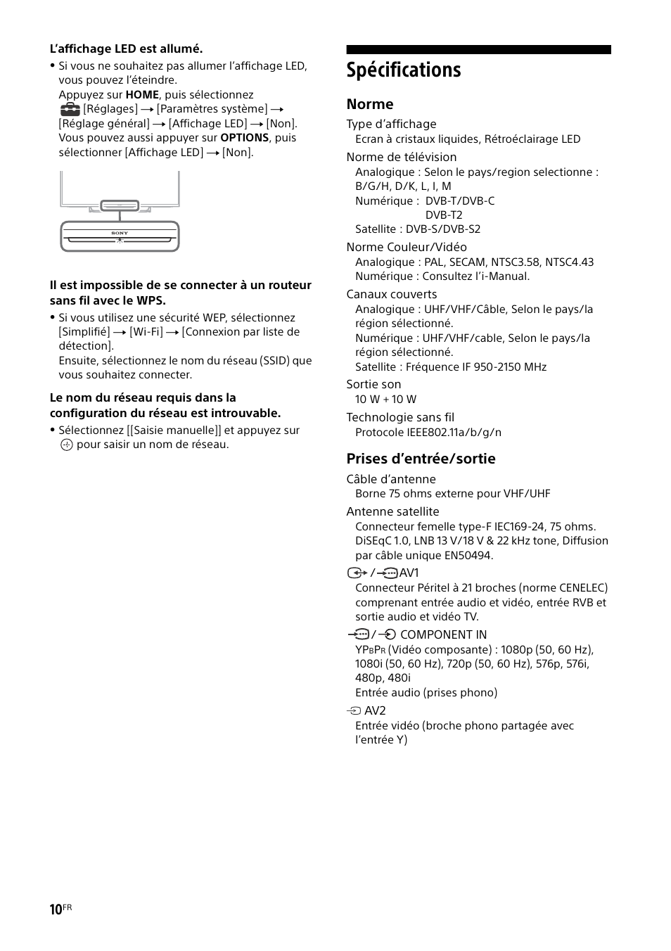 Spécifications, Norme, Prises d’entrée/sortie | Sony KDL-55W829B User Manual | Page 22 / 256