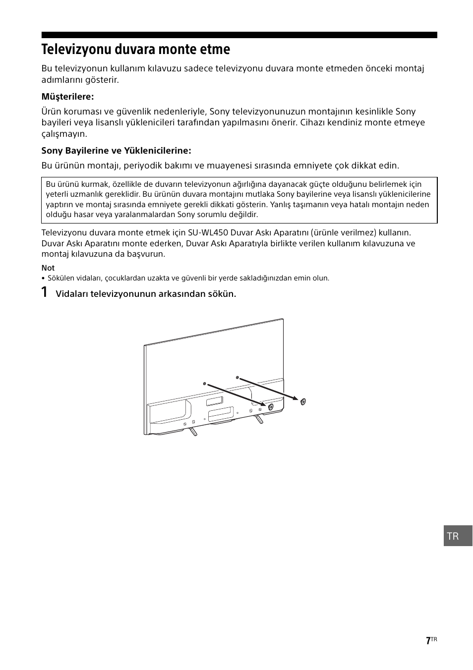 Televizyonu duvara monte etme | Sony KDL-55W829B User Manual | Page 223 / 256