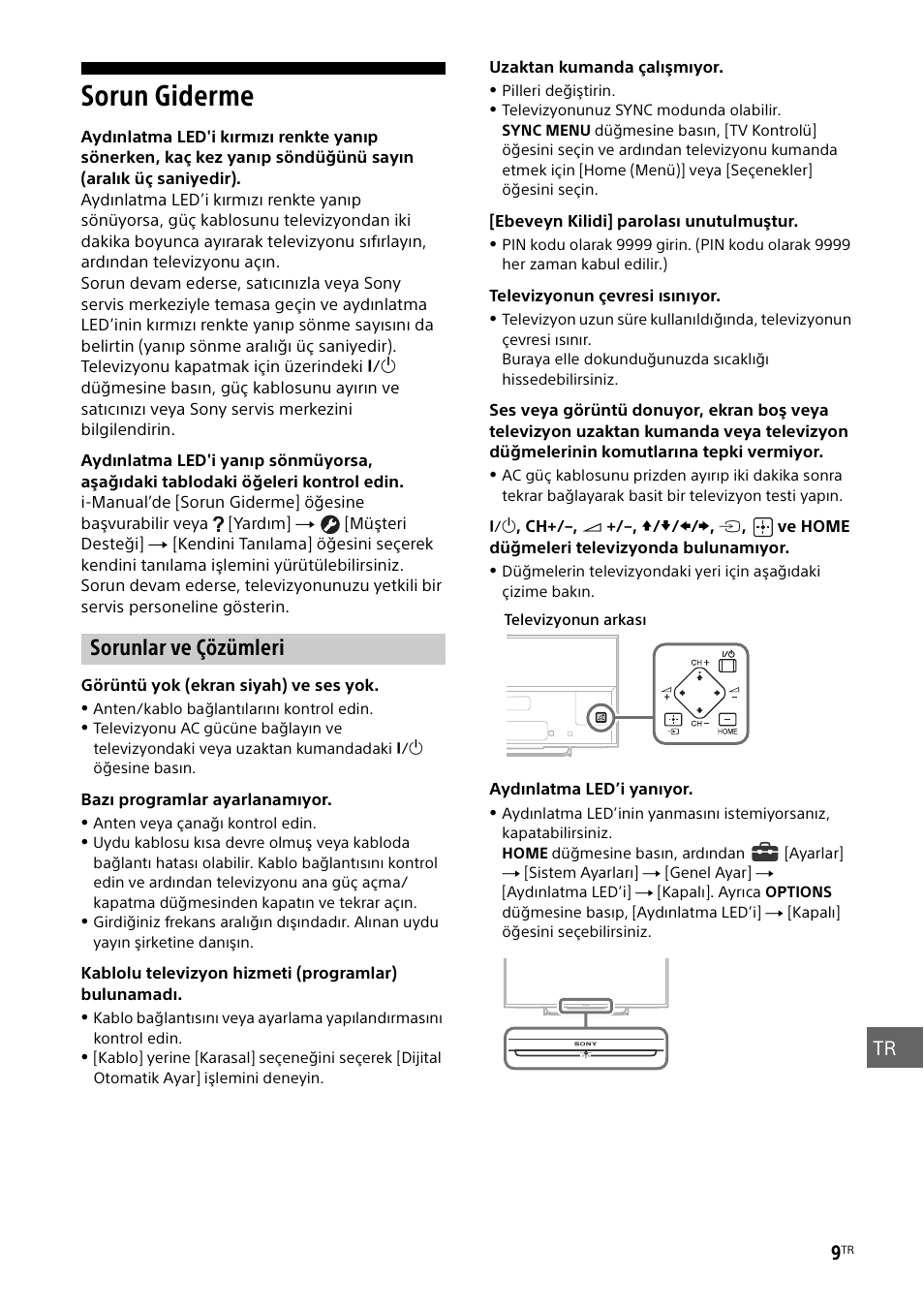 Sorun giderme, Sorunlar ve çözümleri | Sony KDL-55W829B User Manual | Page 225 / 256