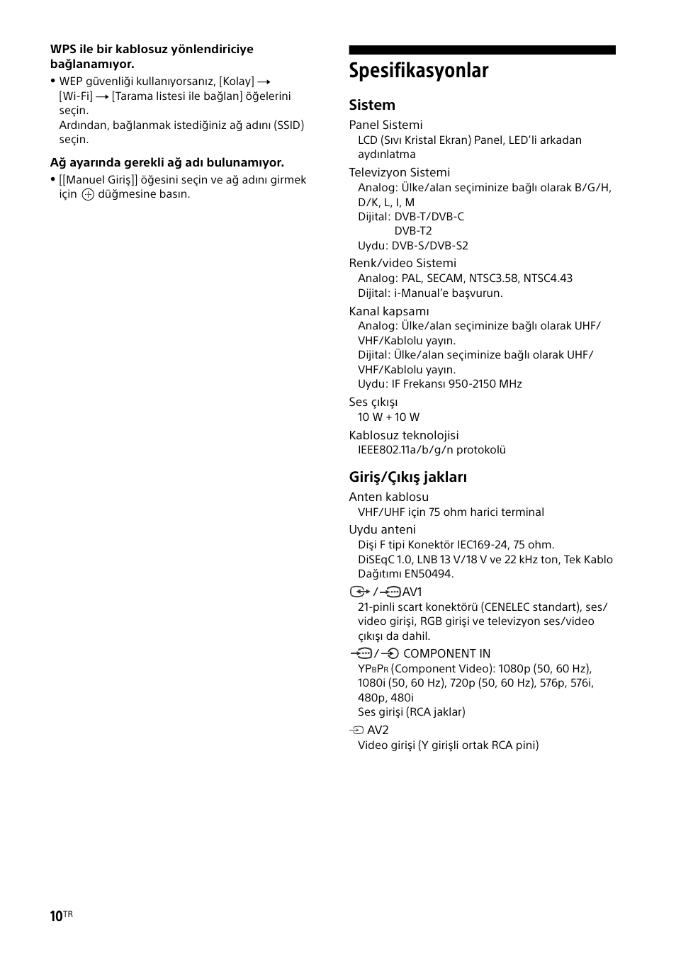 Spesifikasyonlar, Sistem, Giriş/çıkış jakları | Sony KDL-55W829B User Manual | Page 226 / 256