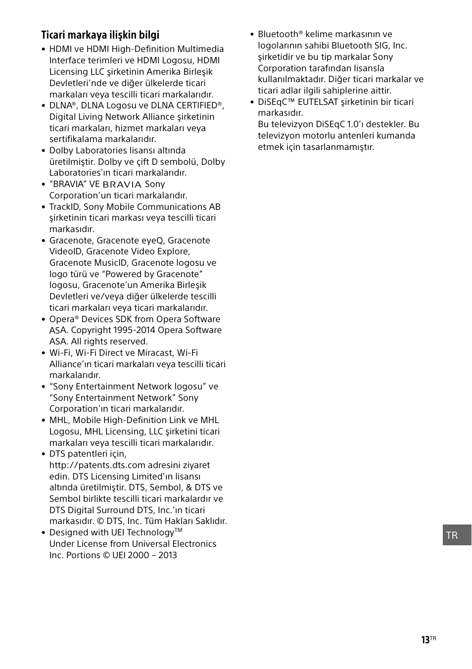 Ticari markaya ilişkin bilgi | Sony KDL-55W829B User Manual | Page 229 / 256