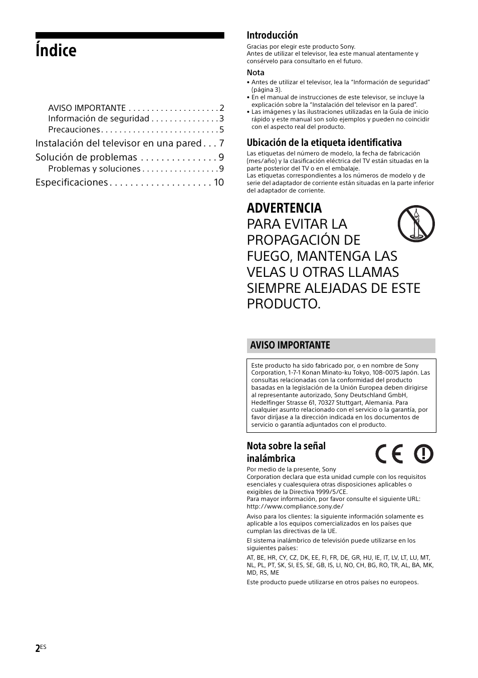 Aviso importante, Índice, Introducción | Ubicación de la etiqueta identificativa, Nota sobre la señal inalámbrica | Sony KDL-55W829B User Manual | Page 26 / 256