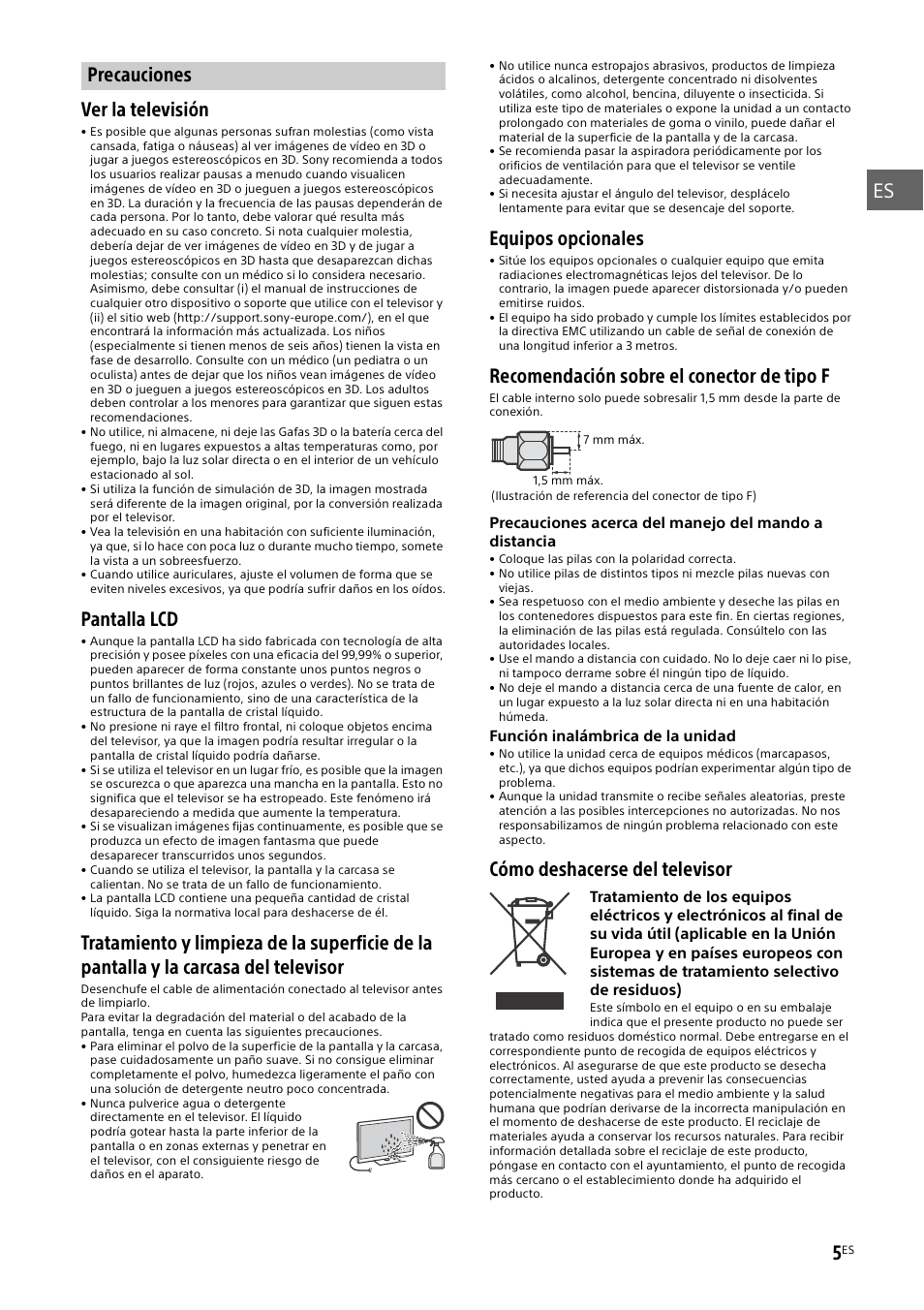 Precauciones, Pantalla lcd, Equipos opcionales | Recomendación sobre el conector de tipo f, Cómo deshacerse del televisor | Sony KDL-55W829B User Manual | Page 29 / 256