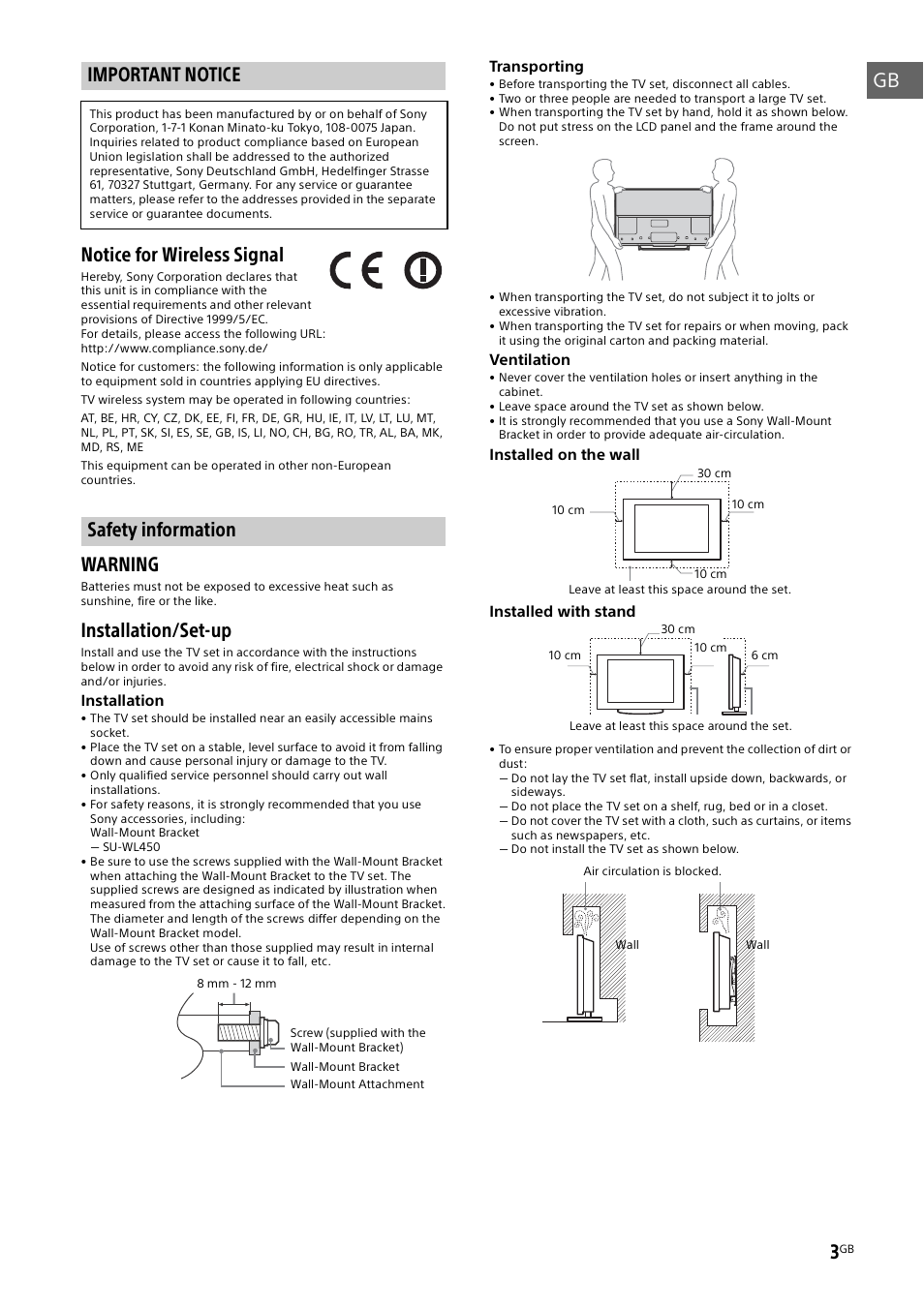 Important notice, Safety information, Important notice safety information | Gb notice for wireless signal, Warning, Installation/set-up | Sony KDL-55W829B User Manual | Page 3 / 256