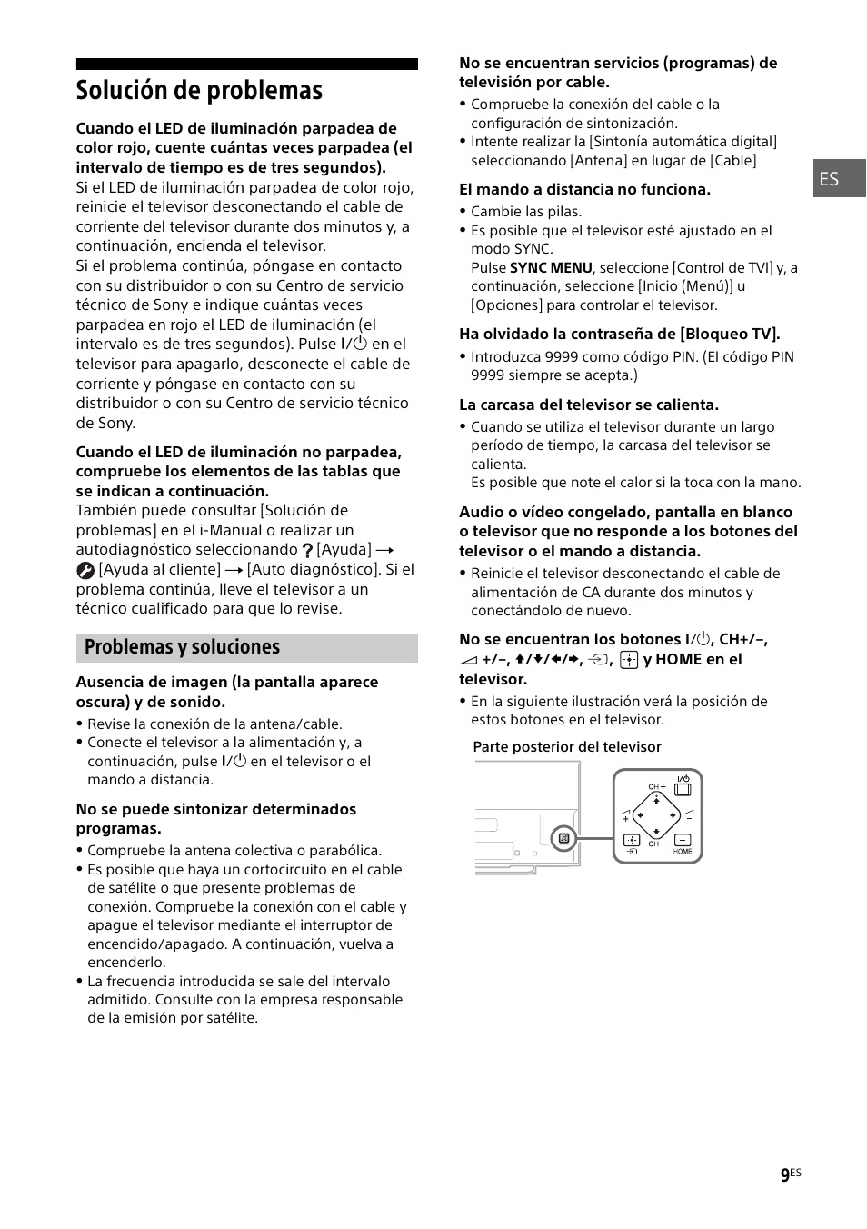 Solución de problemas, Problemas y soluciones | Sony KDL-55W829B User Manual | Page 33 / 256