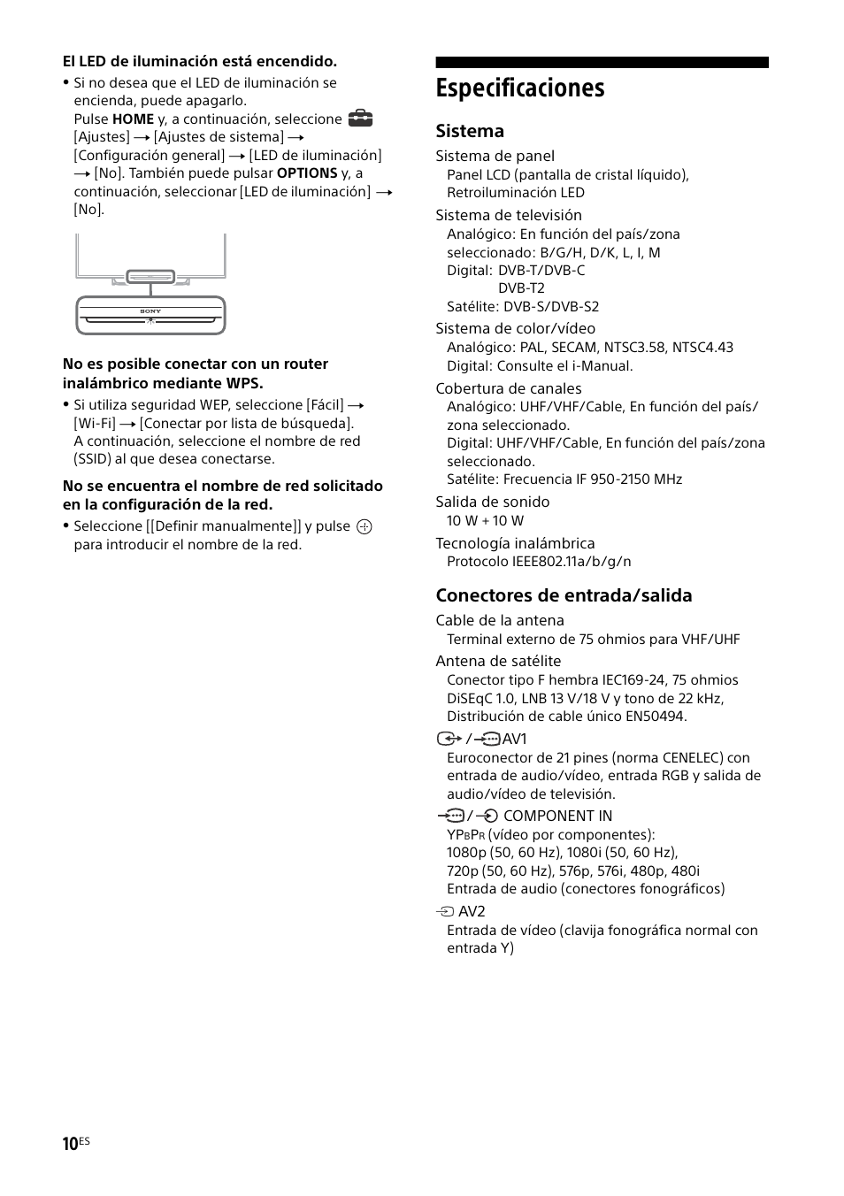 Especificaciones, Sistema, Conectores de entrada/salida | Sony KDL-55W829B User Manual | Page 34 / 256