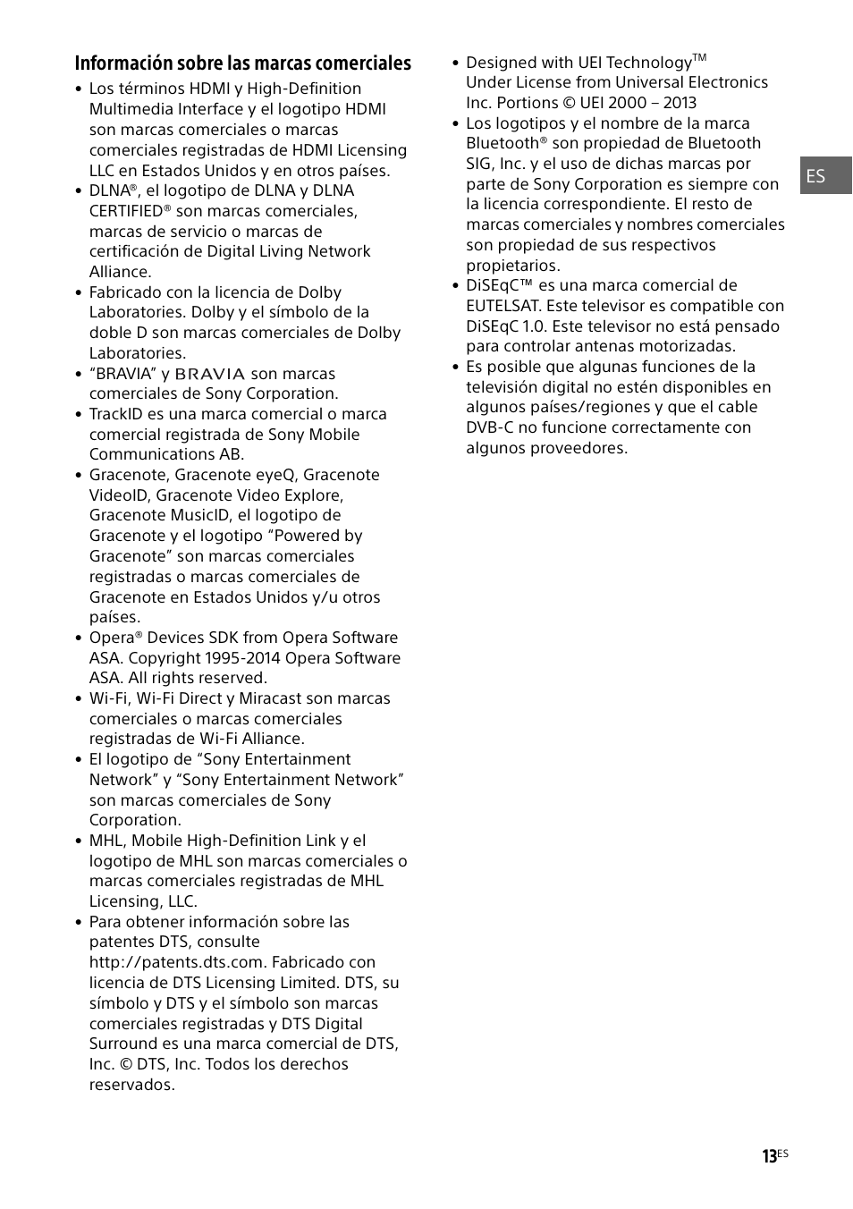 Información sobre las marcas comerciales | Sony KDL-55W829B User Manual | Page 37 / 256