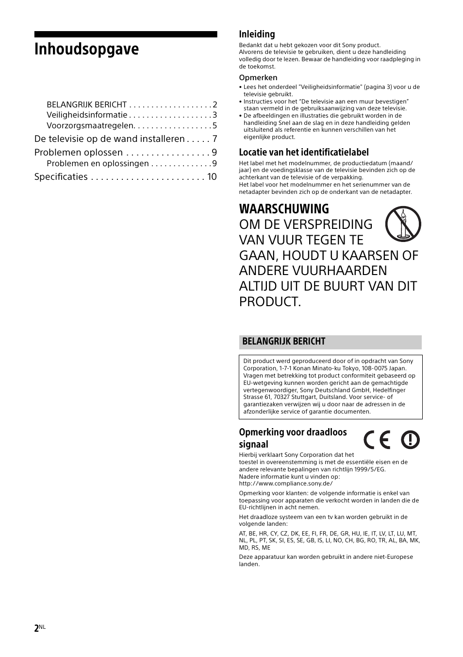 Belangrijk bericht, Inhoudsopgave, Inleiding | Locatie van het identificatielabel, Opmerking voor draadloos signaal | Sony KDL-55W829B User Manual | Page 38 / 256