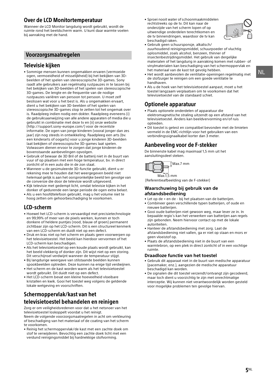 Voorzorgsmaatregelen, Over de lcd monitortemperatuur, Televisie kijken | Lcd-scherm, Optionele apparatuur, Aanbeveling voor de f-stekker | Sony KDL-55W829B User Manual | Page 41 / 256
