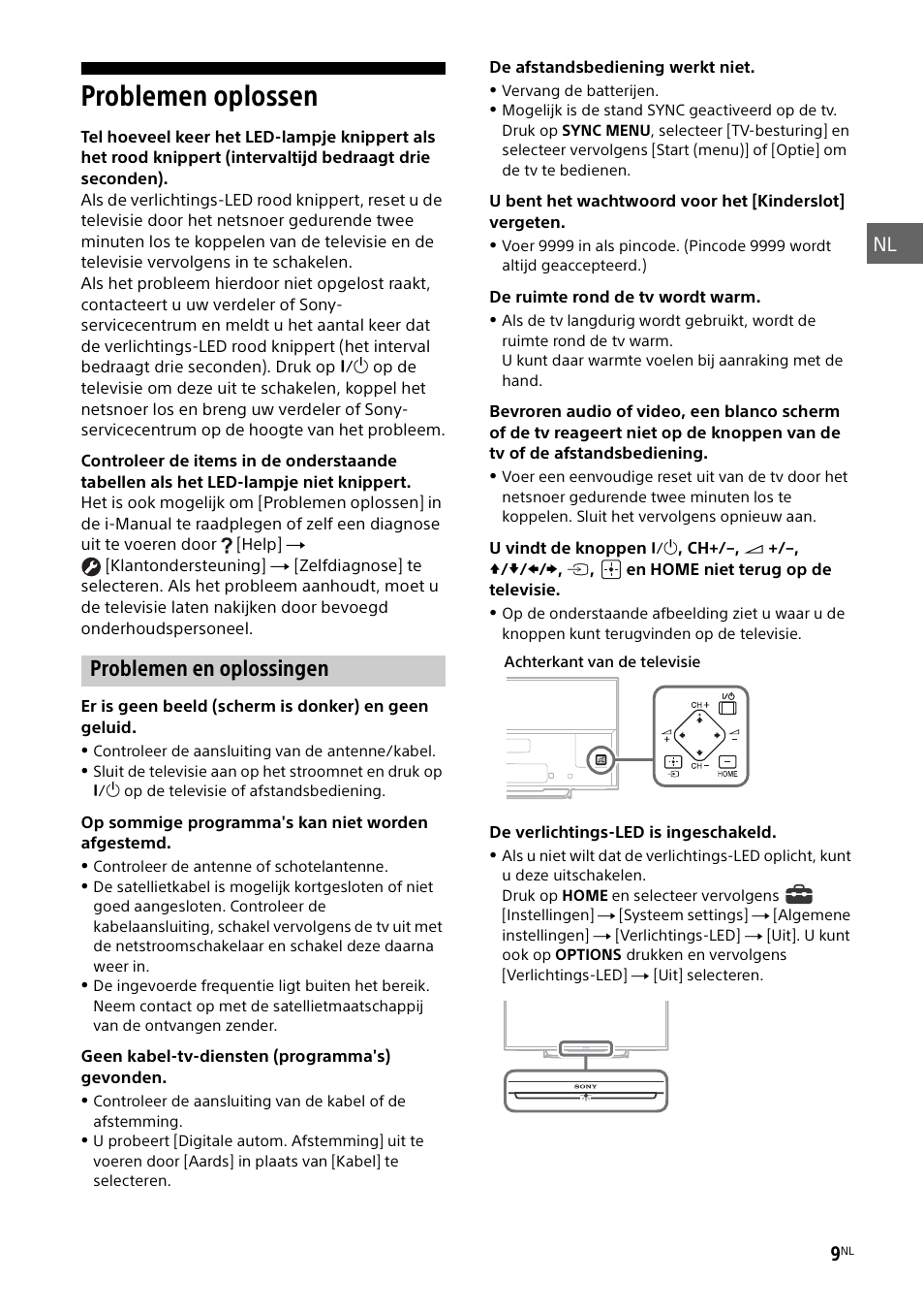 Problemen oplossen, Problemen en oplossingen | Sony KDL-55W829B User Manual | Page 45 / 256