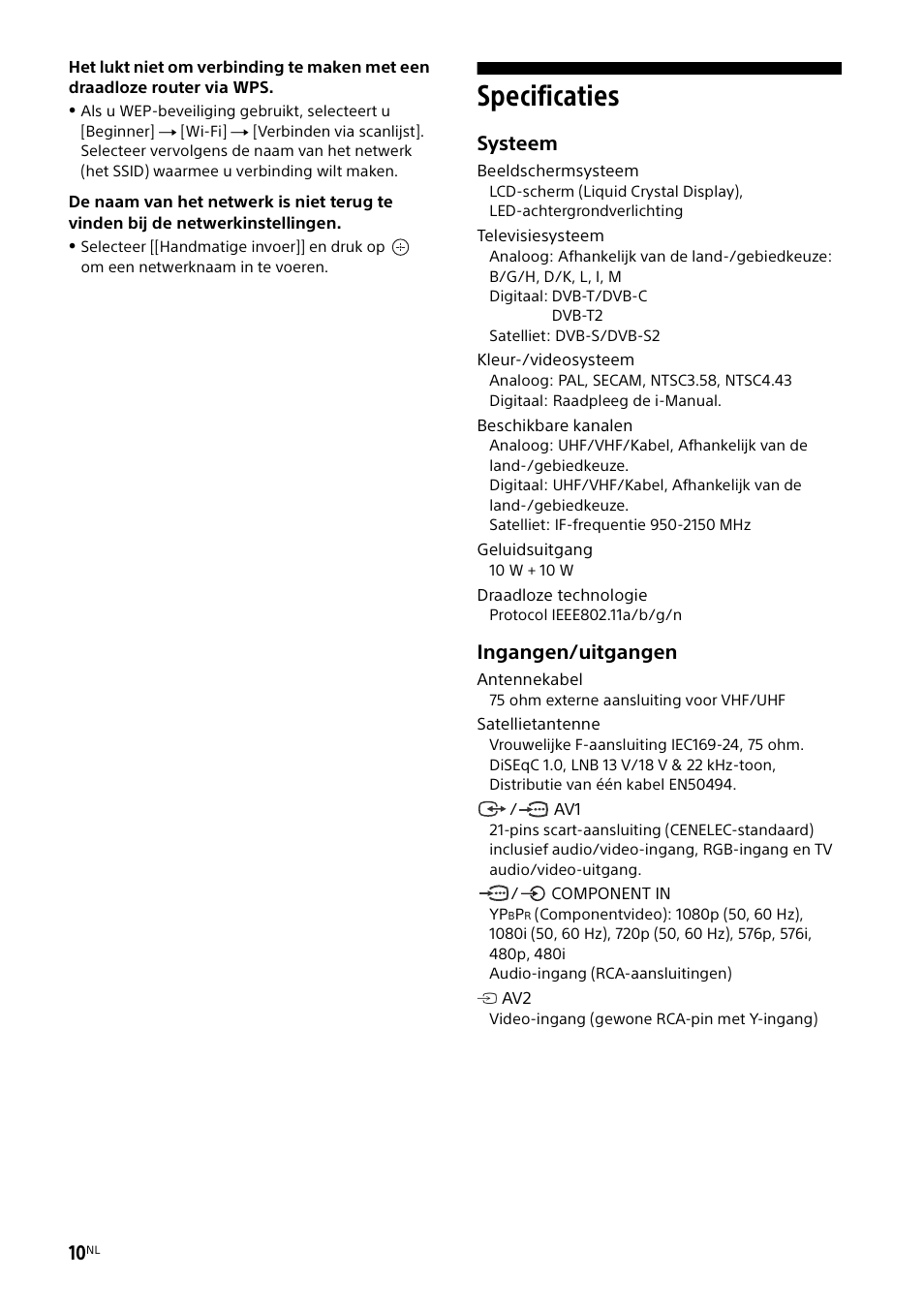Specificaties, Systeem, Ingangen/uitgangen | Sony KDL-55W829B User Manual | Page 46 / 256