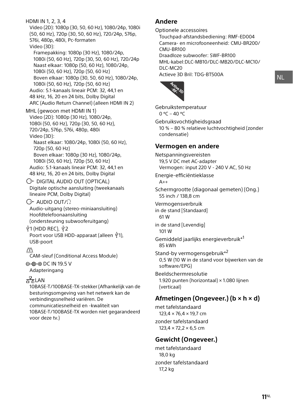 Andere, Vermogen en andere, Afmetingen (ongeveer.) (b × h × d) | Gewicht (ongeveer.) | Sony KDL-55W829B User Manual | Page 47 / 256