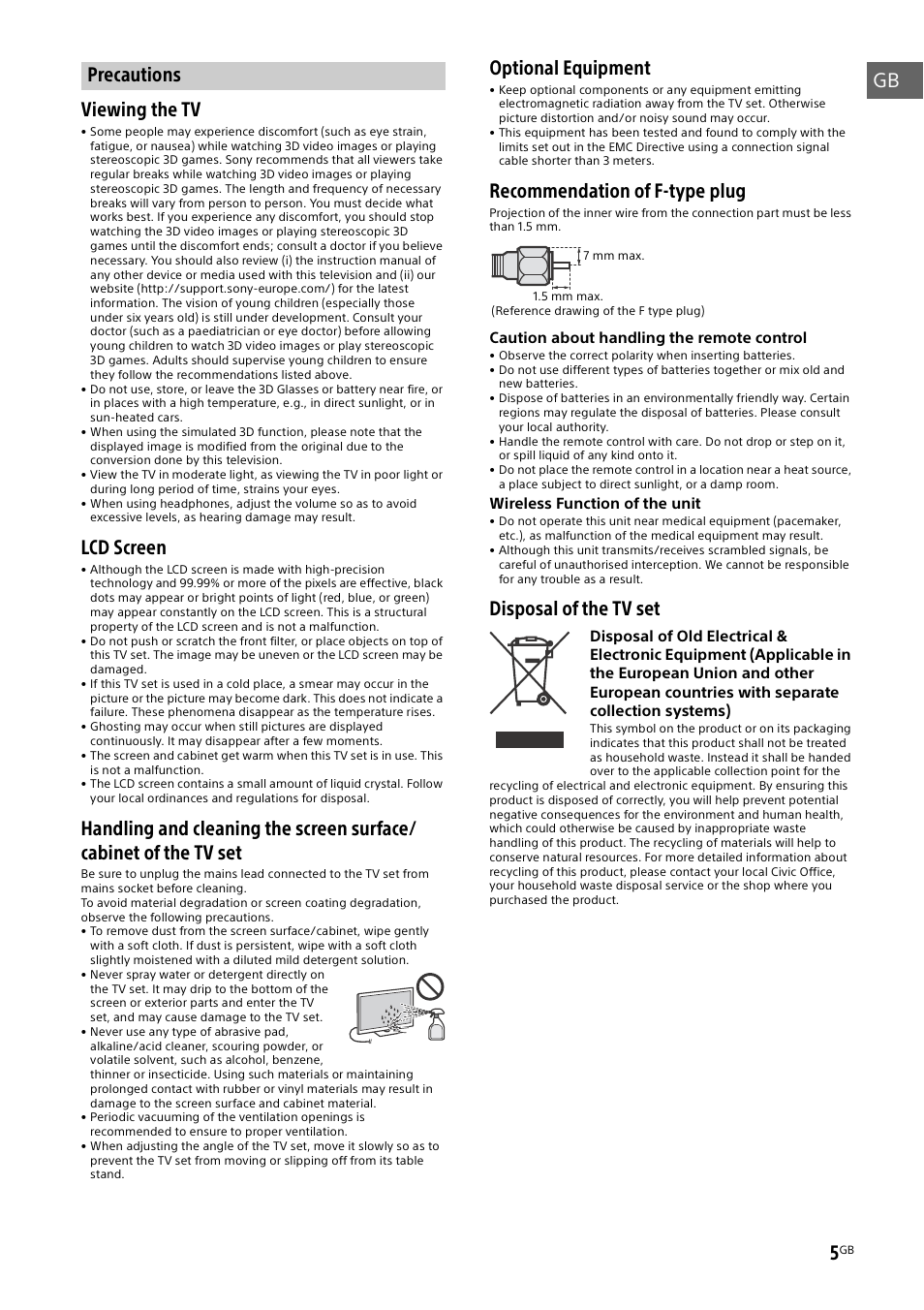 Precautions, Gb viewing the tv, Lcd screen | Optional equipment, Recommendation of f-type plug, Disposal of the tv set | Sony KDL-55W829B User Manual | Page 5 / 256