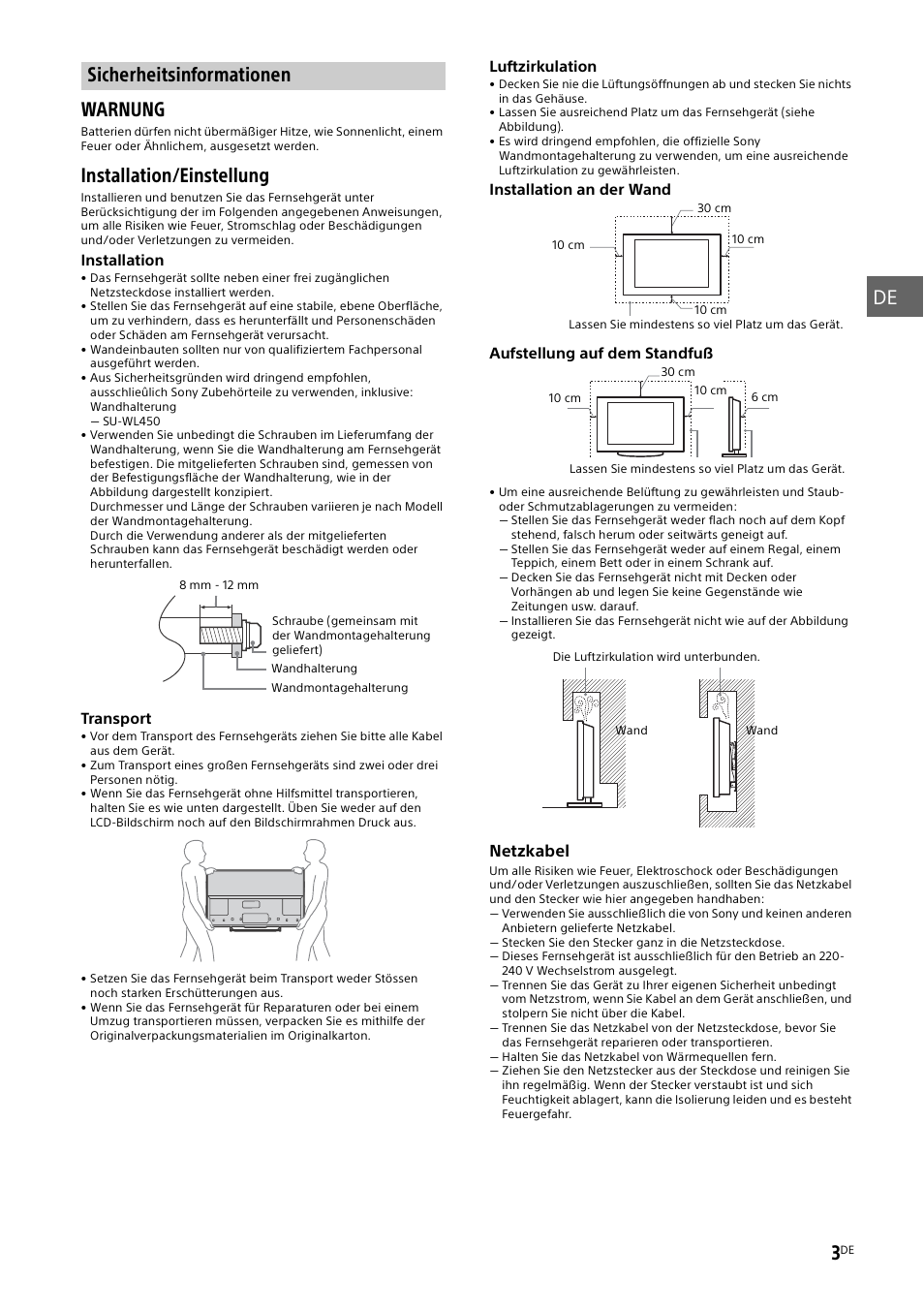 Sicherheitsinformationen, Sicherheitsinformationen“ d, Seite 3) | De 3, Warnung, Installation/einstellung | Sony KDL-55W829B User Manual | Page 51 / 256