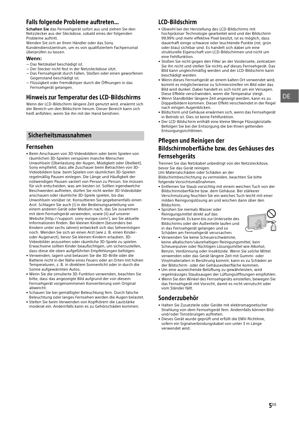 Sicherheitsmassnahmen, De 5, Falls folgende probleme auftreten | Hinweis zur temperatur des lcd-bildschirms, Fernsehen, Lcd-bildschirm, Sonderzubehör | Sony KDL-55W829B User Manual | Page 53 / 256