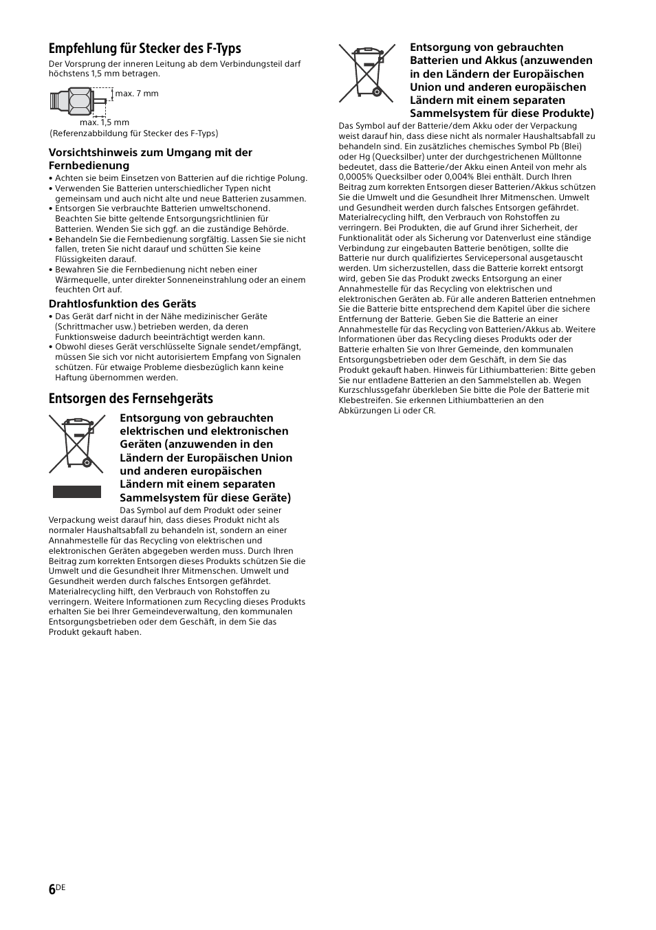 Empfehlung für stecker des f-typs, Entsorgen des fernsehgeräts | Sony KDL-55W829B User Manual | Page 54 / 256