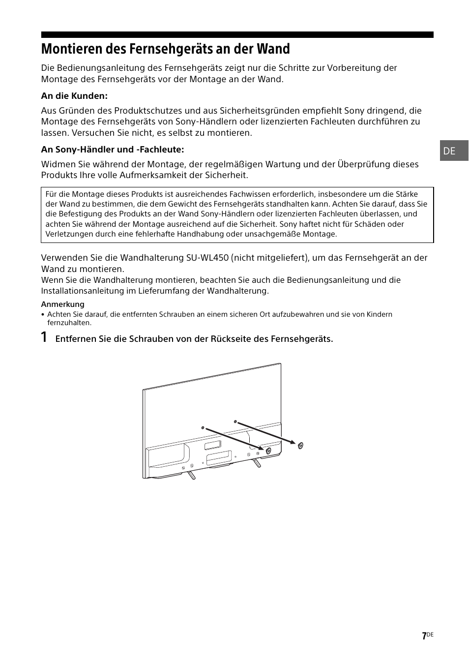 Montieren des fernsehgeräts an der wand, Montieren des fernsehgeräts an der, Wand | Sony KDL-55W829B User Manual | Page 55 / 256