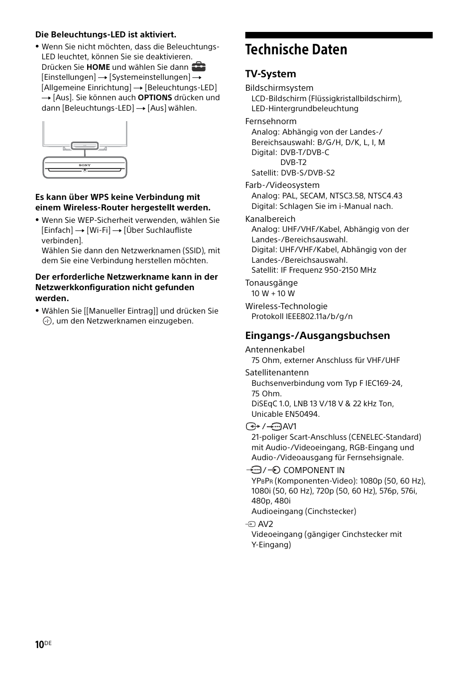 Technische daten, Tv-system, Eingangs-/ausgangsbuchsen | Sony KDL-55W829B User Manual | Page 58 / 256
