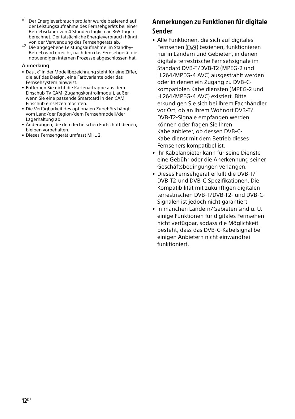 Anmerkungen zu funktionen für digitale sender | Sony KDL-55W829B User Manual | Page 60 / 256