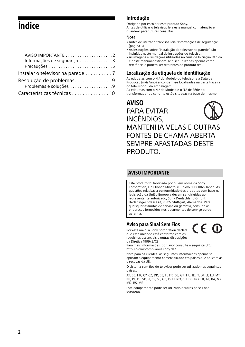 Aviso importante, Índice, Introdução | Localização da etiqueta de identificação, Aviso para sinal sem fios | Sony KDL-55W829B User Manual | Page 62 / 256