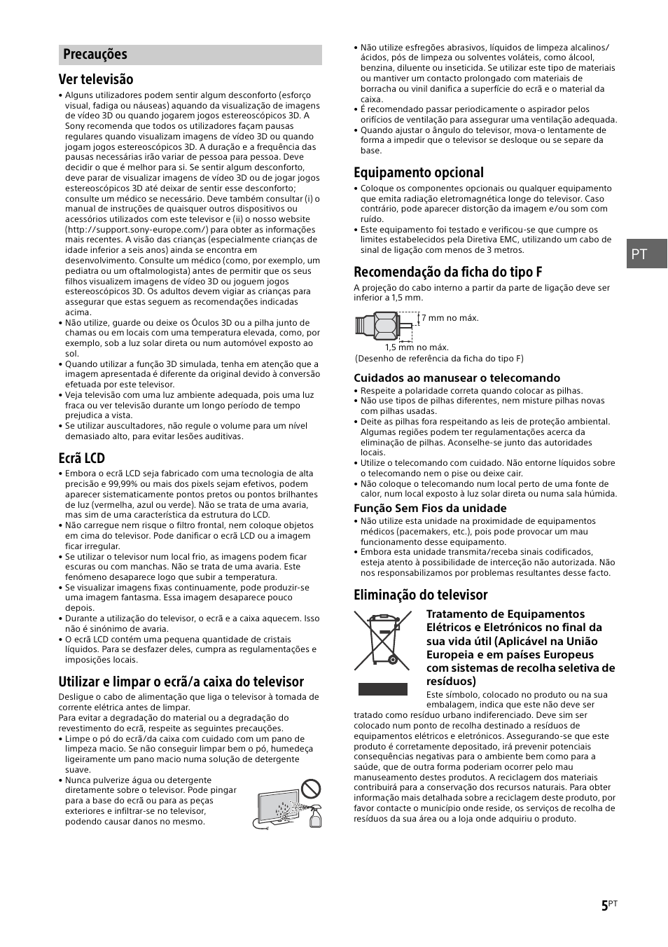 Precauções, Pt 5, Ver televisão | Ecrã lcd, Utilizar e limpar o ecrã/a caixa do televisor, Equipamento opcional, Recomendação da ficha do tipo f, Eliminação do televisor | Sony KDL-55W829B User Manual | Page 65 / 256
