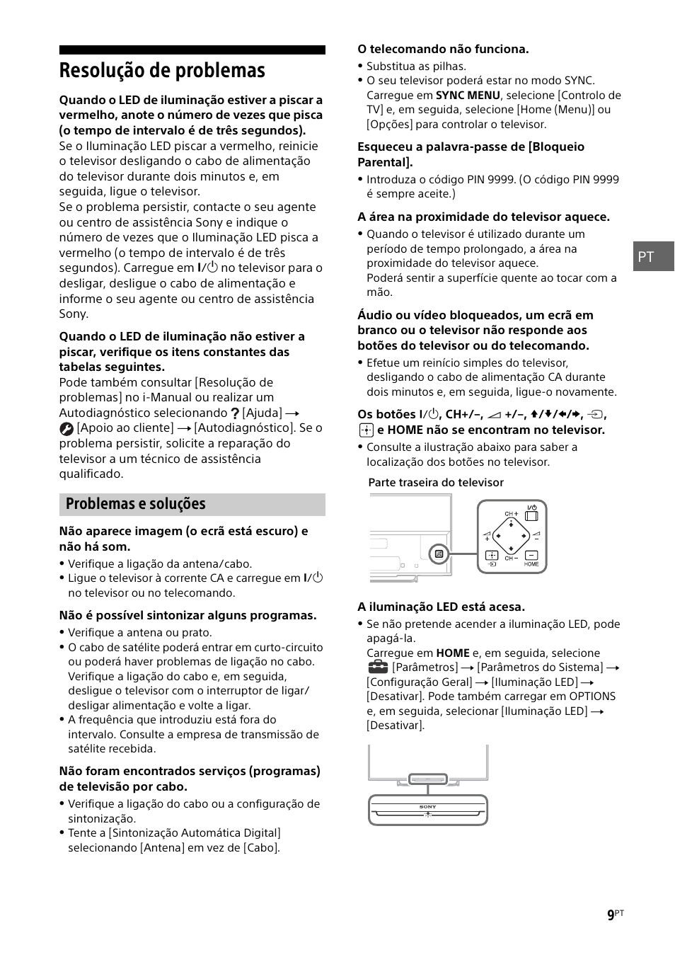 Resolução de problemas, Problemas e soluções, Pt 9 | Sony KDL-55W829B User Manual | Page 69 / 256